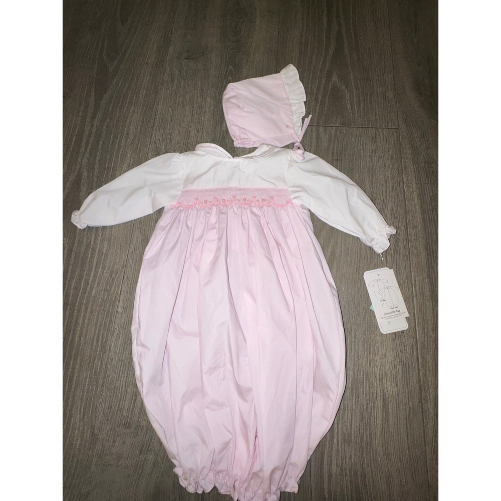 Petit Ami Baby Girl Pink White Smocked Floral Convertible Gown Bonnet Set 3M NEW